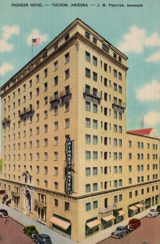 A painting of the exterior of an old hotel.